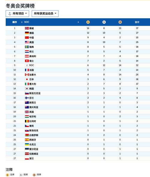 冬奥运会奖牌榜排名